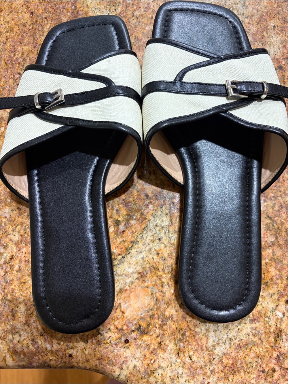 Black & Cream Cross-Strap Slide Sandals with Buckle Detail